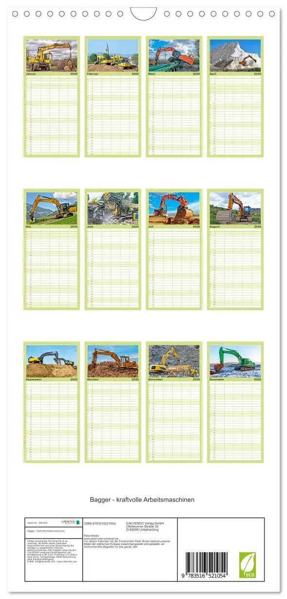 Bild: 9783516521054 | Familienplaner 2026 - Bagger - kraftvolle Arbeitsmaschinen mit 5...