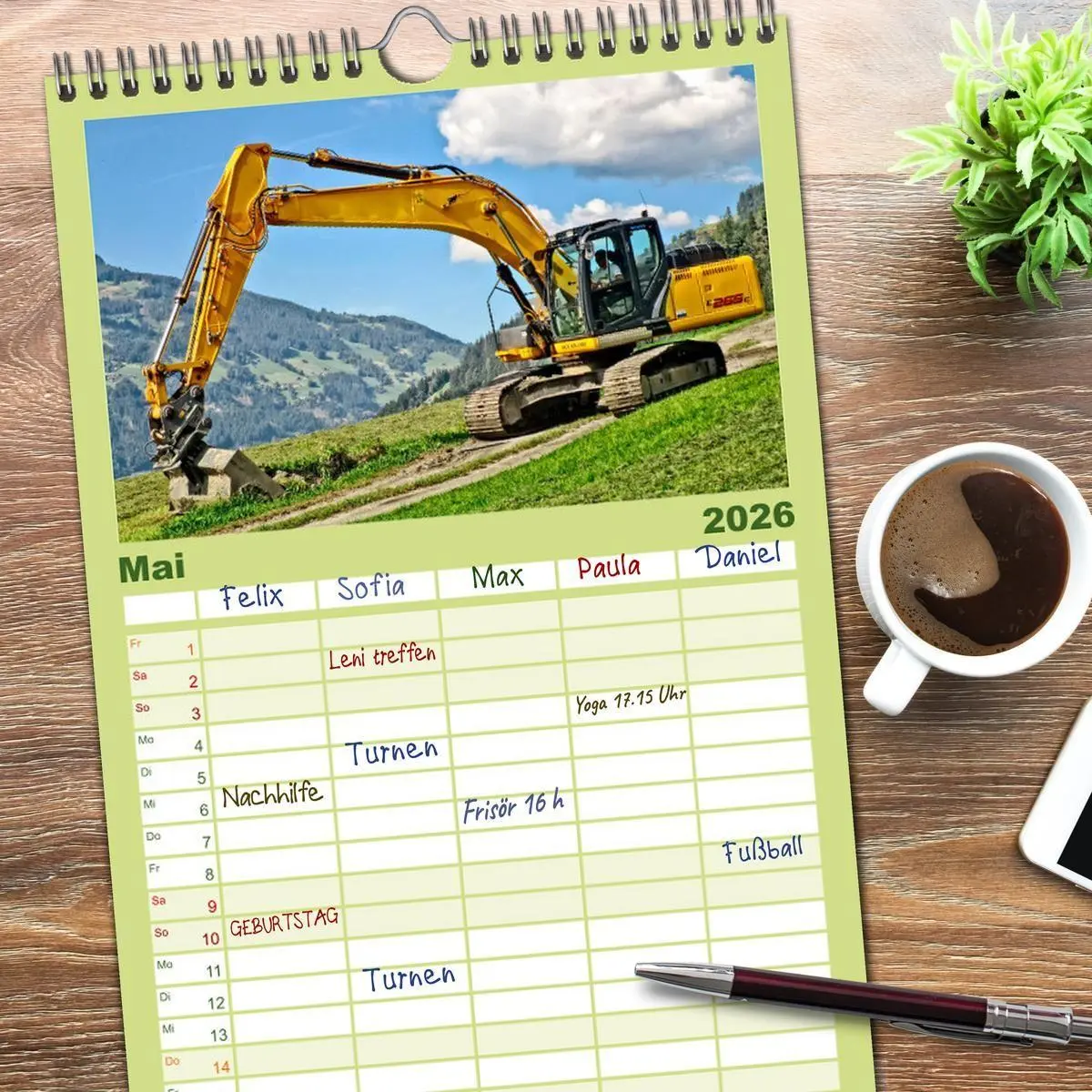 Bild: 9783516521054 | Familienplaner 2026 - Bagger - kraftvolle Arbeitsmaschinen mit 5...