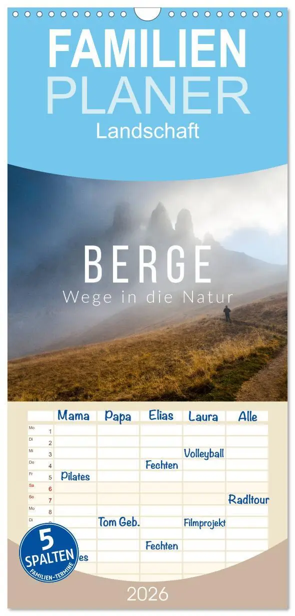 Cover: 9783516511154 | Familienplaner 2026 - Berge. Wege in die Natur mit 5 Spalten...