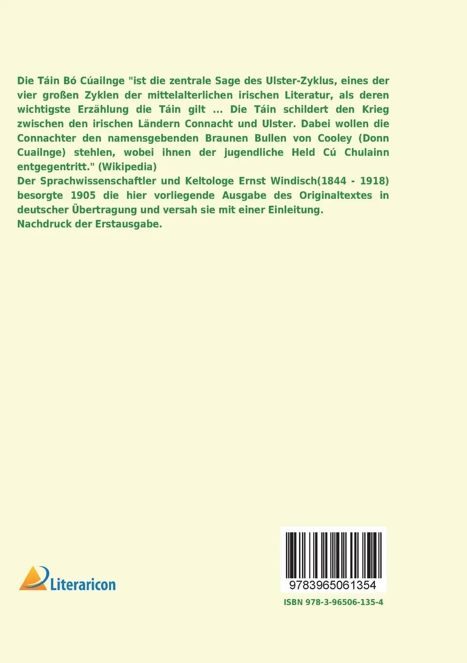 Rückseite: 9783965061354 | Die altirische Heldensage TÁIN BÓ CÚALNGE | Ernst Windisch | Buch