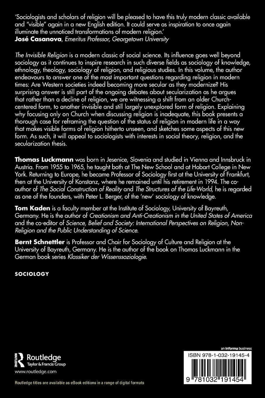 Rückseite: 9781032191454 | The Invisible Religion | The Problem of Religion in Modern Society