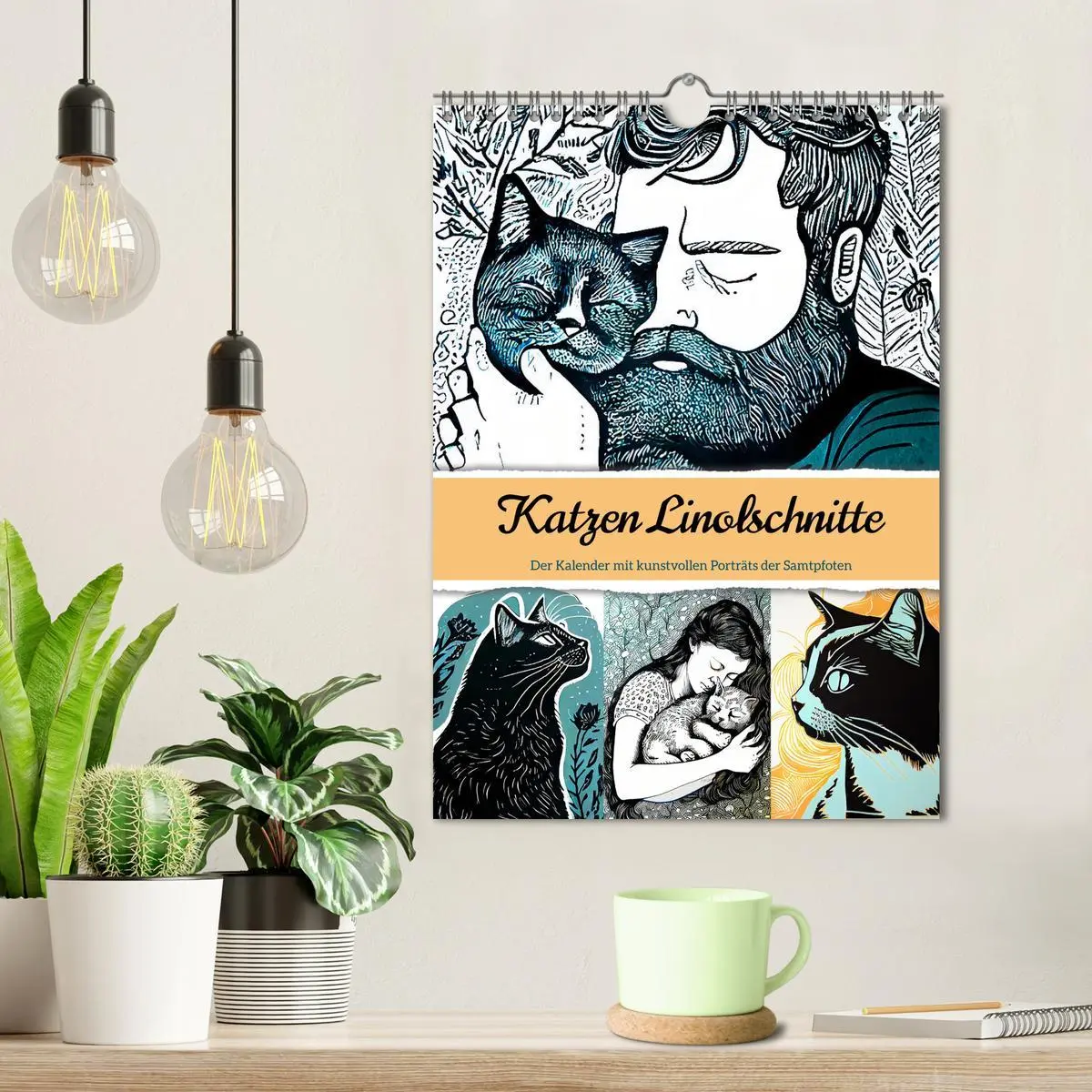 Bild: 9783516331554 | Katzen Linolschnitt - Der Kalender mit kunstvollen Porträts der...