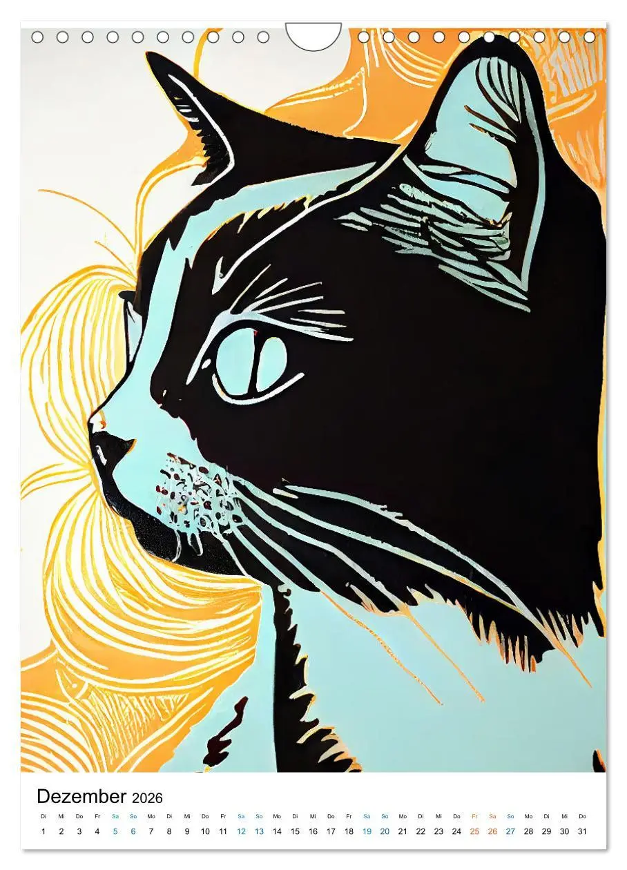 Bild: 9783516331554 | Katzen Linolschnitt - Der Kalender mit kunstvollen Porträts der...