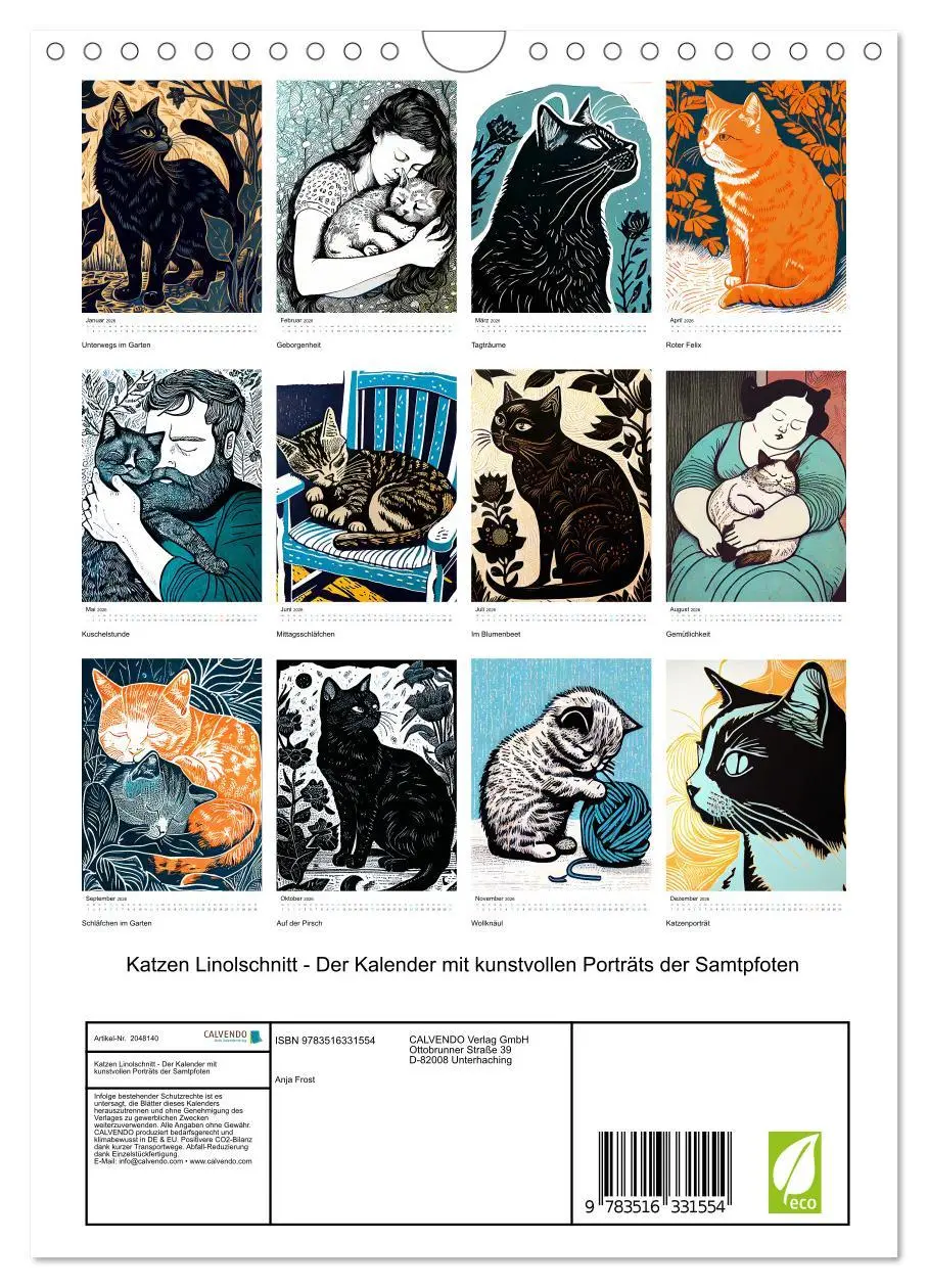 Bild: 9783516331554 | Katzen Linolschnitt - Der Kalender mit kunstvollen Porträts der...