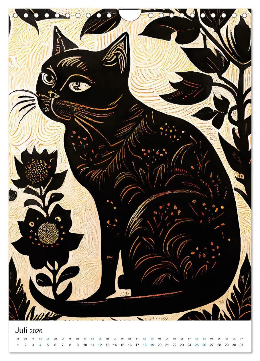 Bild: 9783516331554 | Katzen Linolschnitt - Der Kalender mit kunstvollen Porträts der...