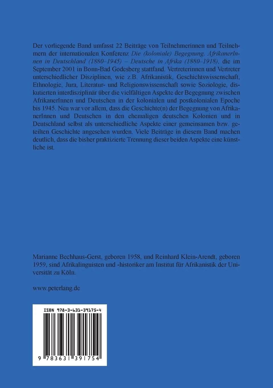 Rückseite: 9783631391754 | Die (koloniale) Begegnung | Reinhard Klein-Arendt (u. a.) | Buch