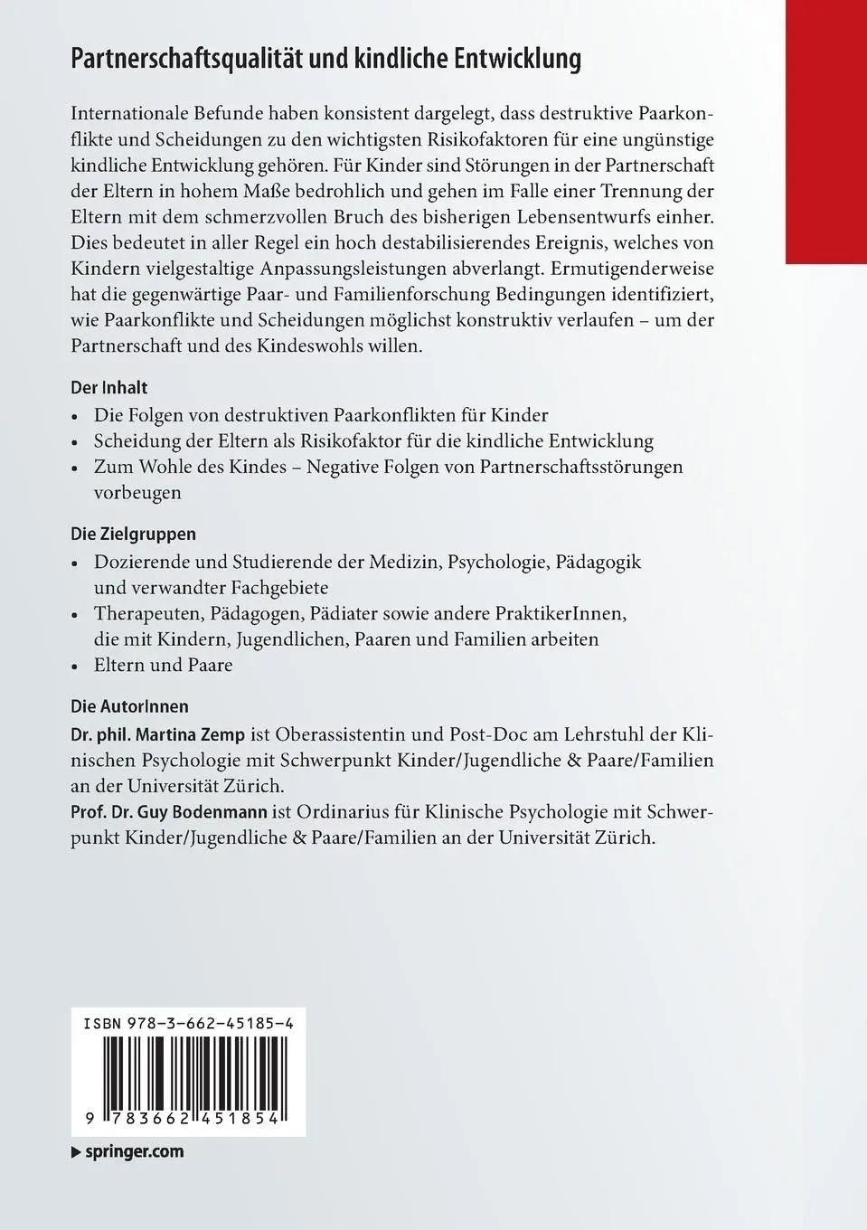 Rückseite: 9783662451854 | Partnerschaftsqualität und kindliche Entwicklung | Bodenmann (u. a.)