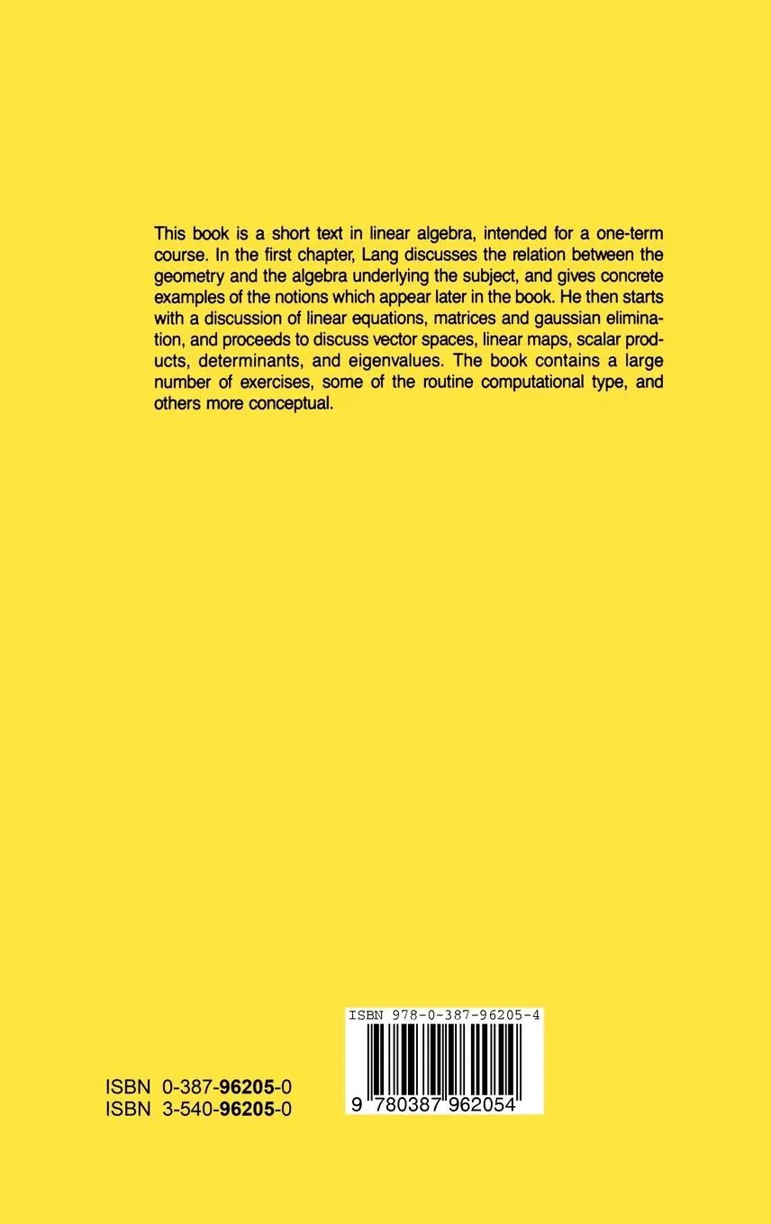 Rückseite: 9780387962054 | Introduction to Linear Algebra | Serge Lang | Buch | viii | Englisch
