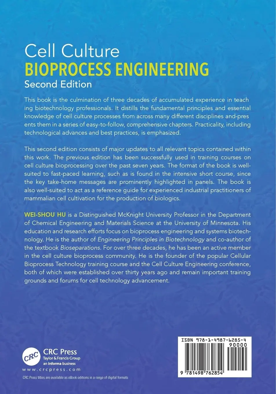 Rückseite: 9781498762854 | Cell Culture Bioprocess Engineering, Second Edition | Wei-Shou Hu