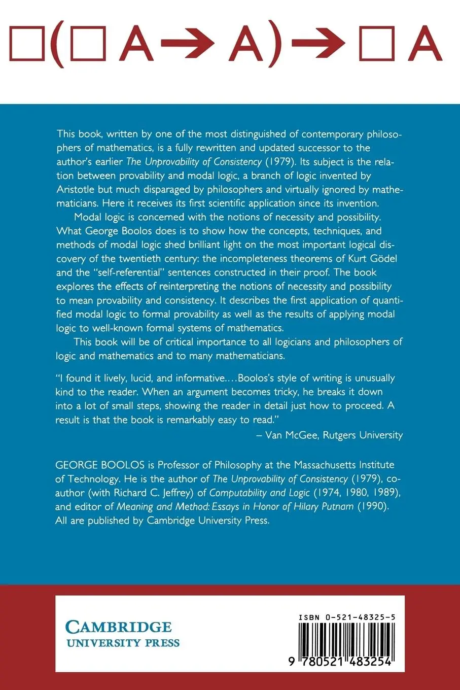 Rückseite: 9780521483254 | The Logic of Provability | George S. Boolos (u. a.) | Taschenbuch