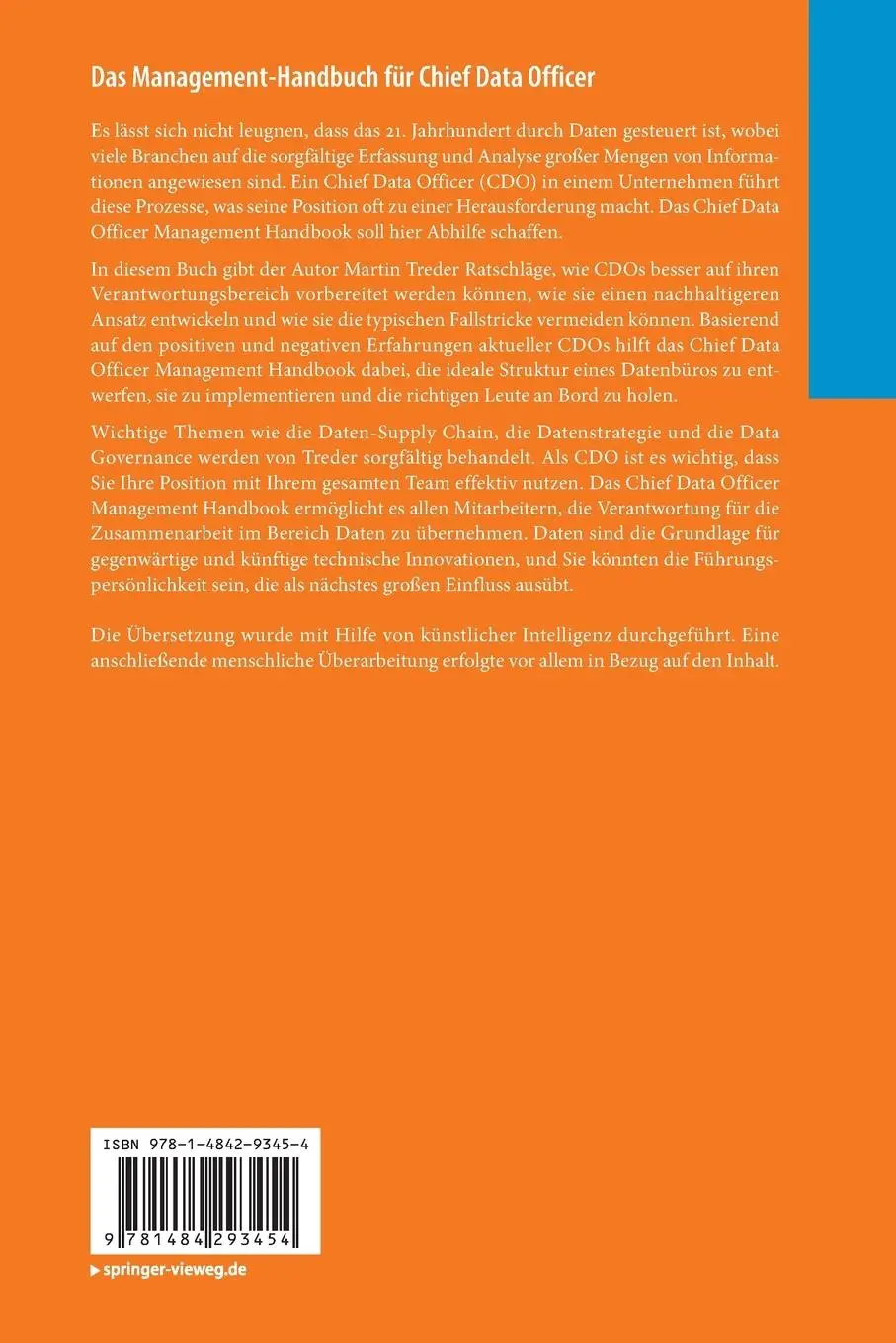 Rückseite: 9781484293454 | Das Management-Handbuch für Chief Data Officer | Martin Treder | Buch