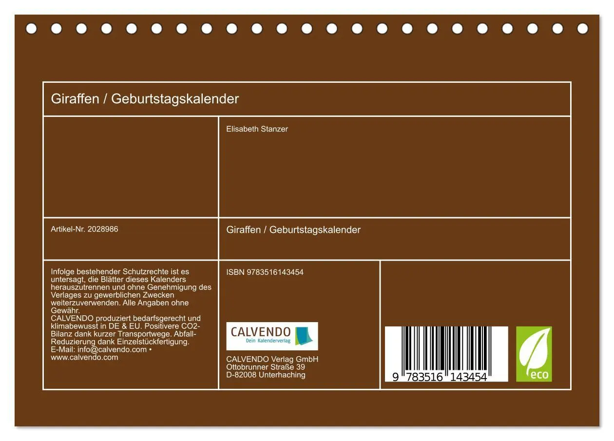 Bild: 9783516143454 | Giraffen / Geburtstagskalender (Tischkalender 2026 DIN A5 quer),...