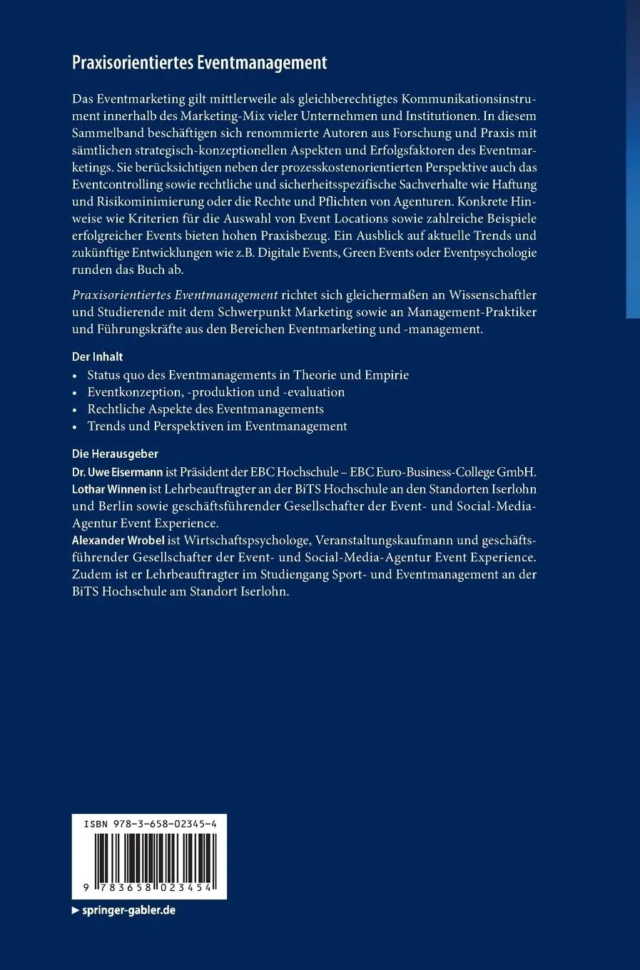 Rückseite: 9783658023454 | Praxisorientiertes Eventmanagement | Uwe Eisermann (u. a.) | Buch
