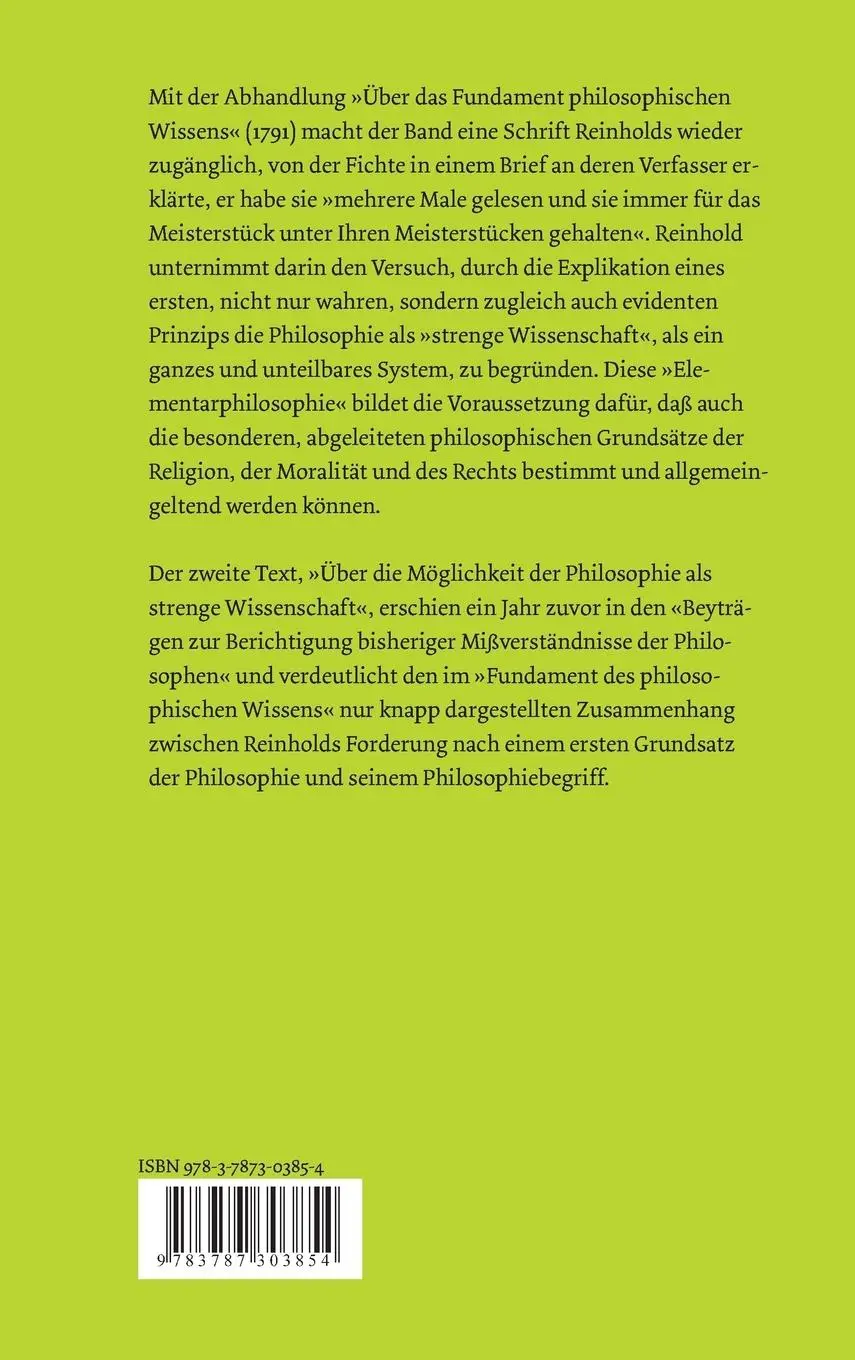 Rückseite: 9783787303854 | Über das Fundament des philosophischen Wissens (1791). Über die...
