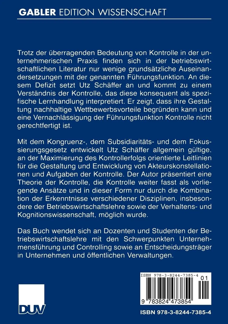 Rückseite: 9783824473854 | Kontrolle als Lernprozess | Utz Schäffer | Taschenbuch | xiv | Deutsch