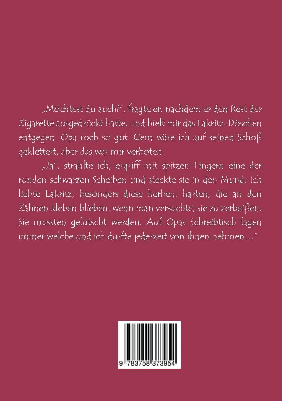 Rückseite: 9783758373954 | Lakritz und Zigarette | 27 Geschichten und ein Gedicht | Anke Voigt