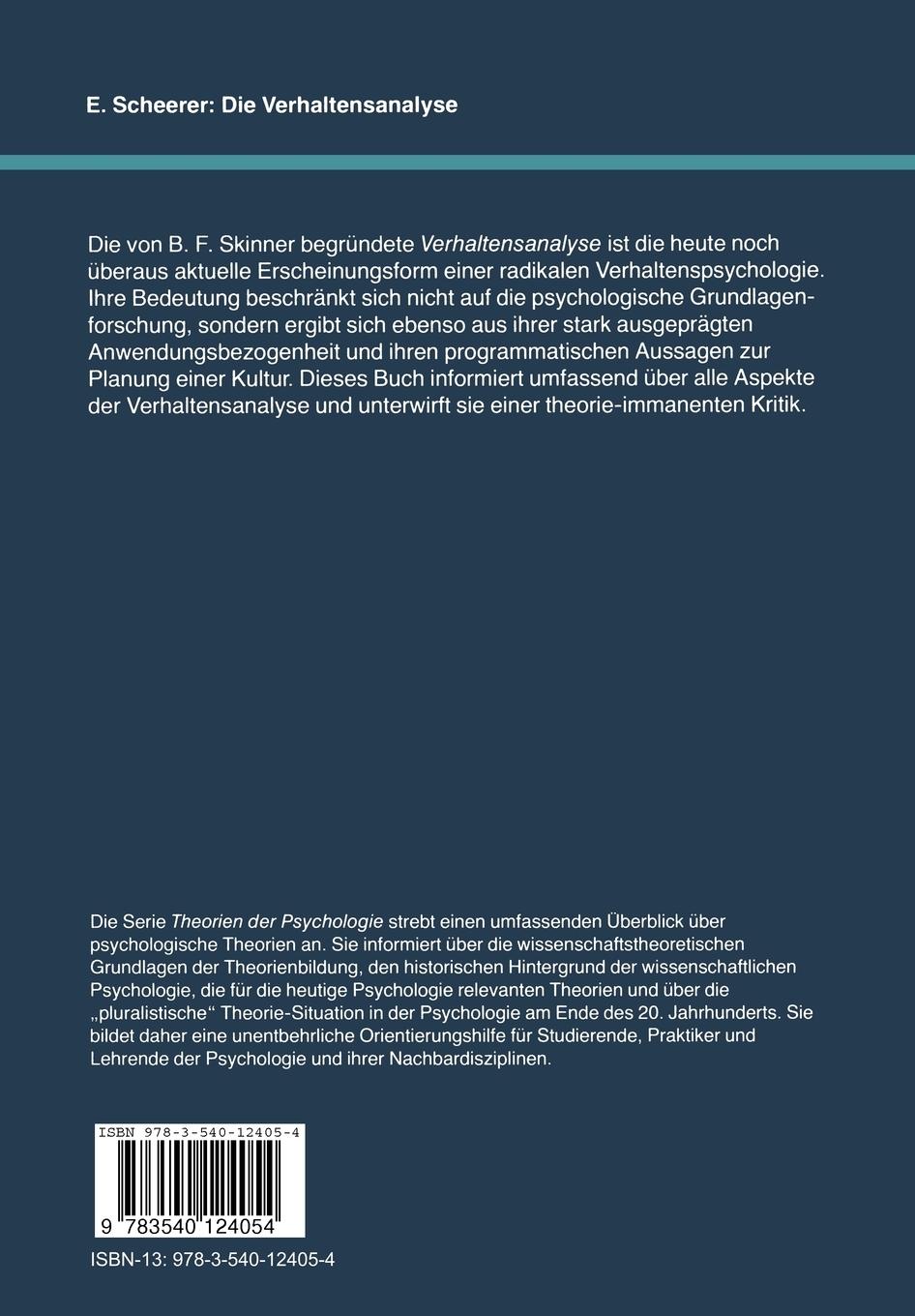 Rückseite: 9783540124054 | Theorien der Psychologie | Band 6: Die Verhaltensanalyse | E. Scheerer