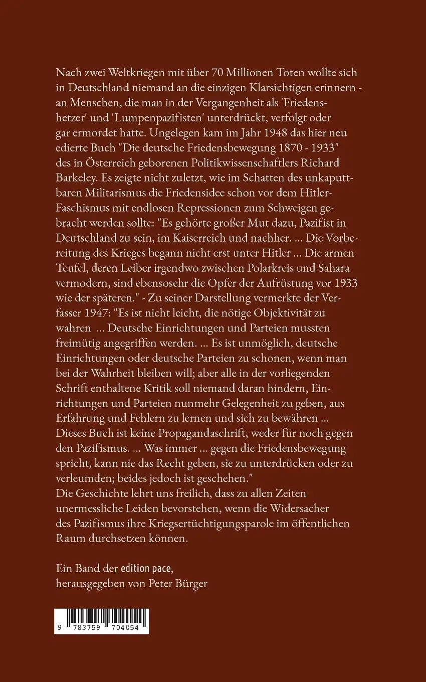 Rückseite: 9783759704054 | Die deutsche Friedensbewegung 1870-1933 | Richard Barkeley | Buch