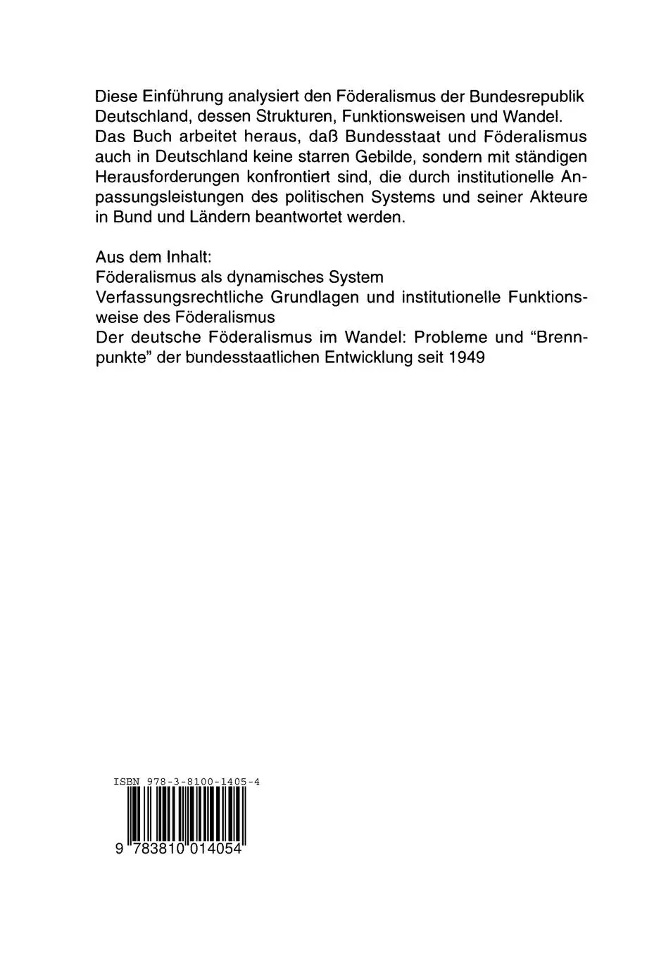 Rückseite: 9783810014054 | Föderalismus in der Bundesrepublik Deutschland | Eine Einführung