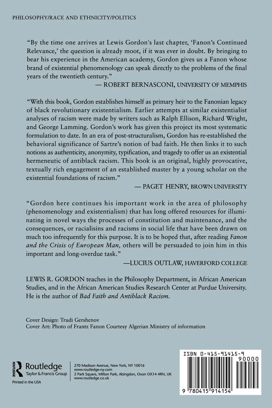 Rückseite: 9780415914154 | Fanon and the Crisis of European Man | Lewis Gordon | Taschenbuch