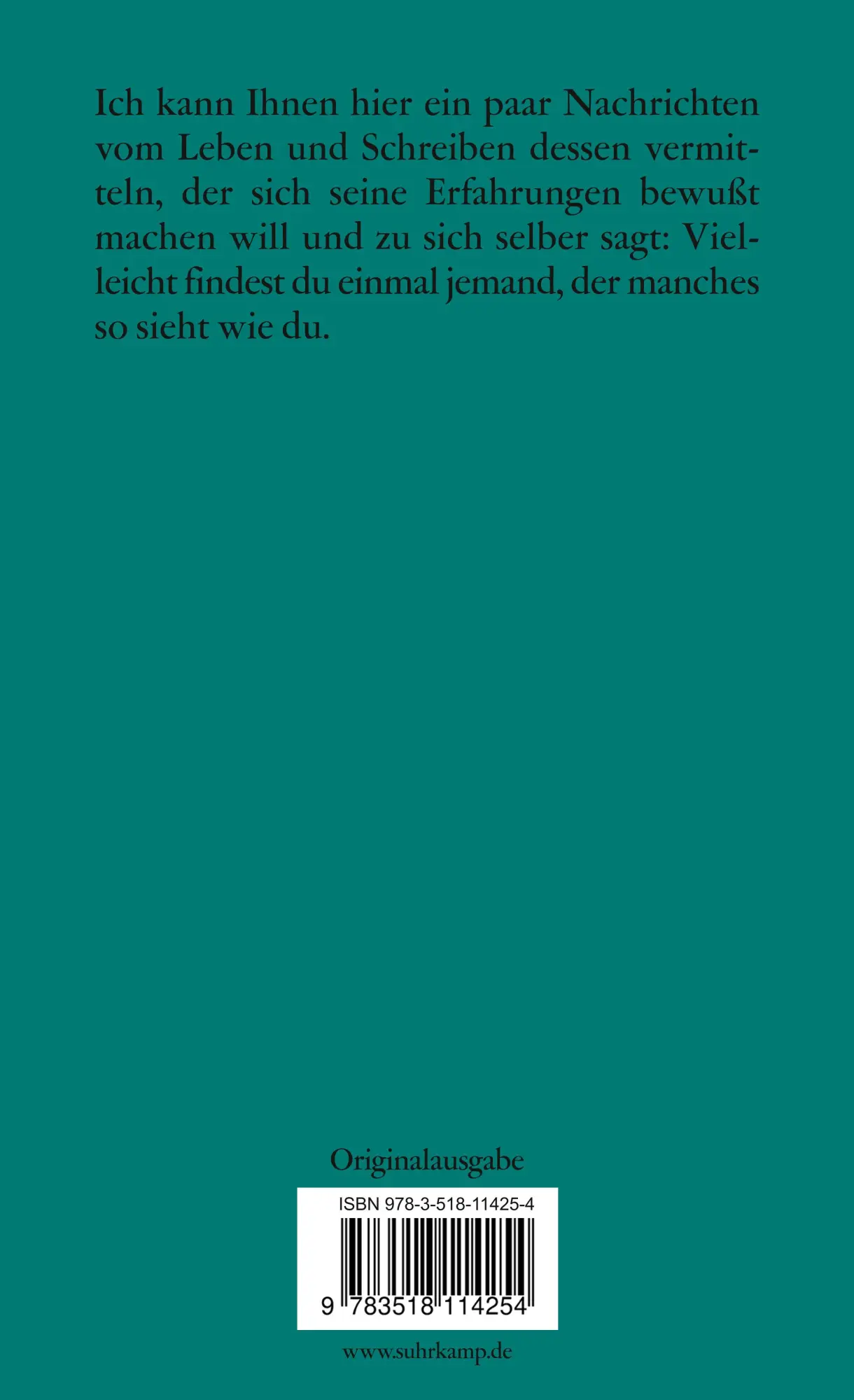Rückseite: 9783518114254 | Leben und Schreiben | Frankfurter Poetikvorlesungen | Hermann Lenz