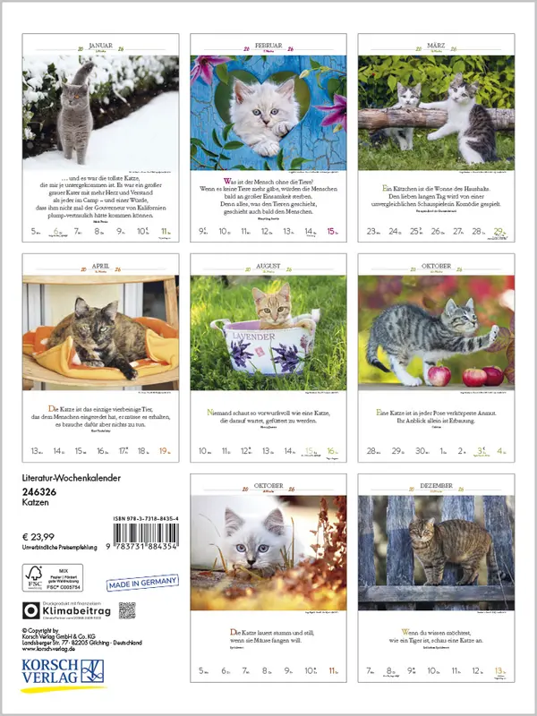 Bild: 9783731884354 | Literaturkalender Katzen 2026 | Verlag Korsch | Kalender | 54 S.