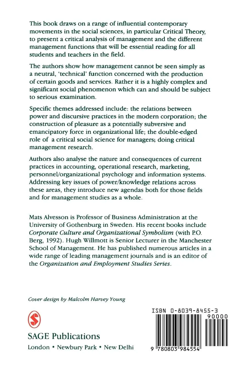 Rückseite: 9780803984554 | Critical Management Studies | Hugh Willmott (u. a.) | Taschenbuch