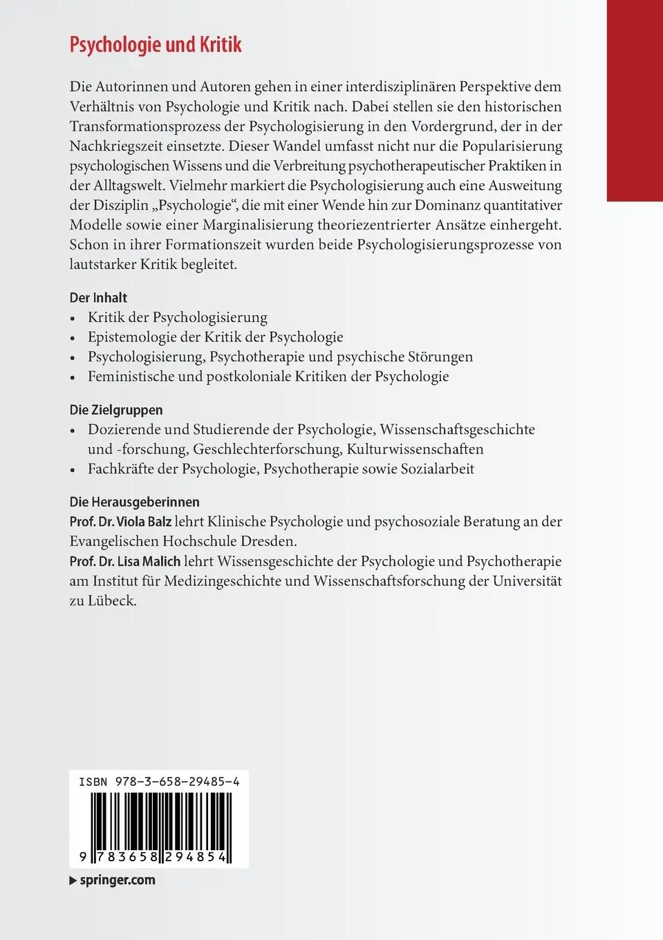 Rückseite: 9783658294854 | Psychologie und Kritik | Formen der Psychologisierung nach 1945 | Buch