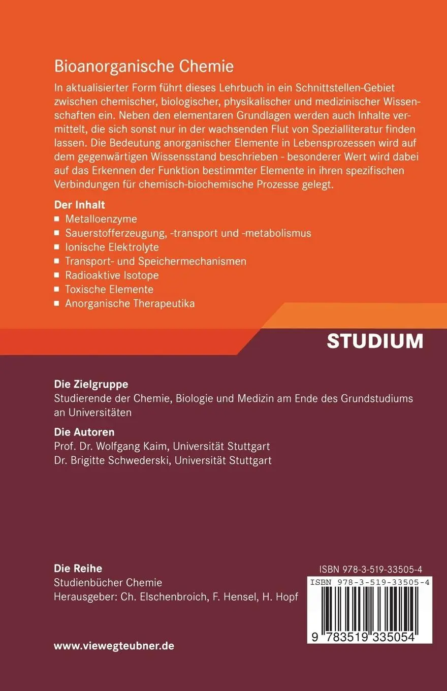 Rückseite: 9783519335054 | Bioanorganische Chemie | Brigitte Schwederski (u. a.) | Taschenbuch