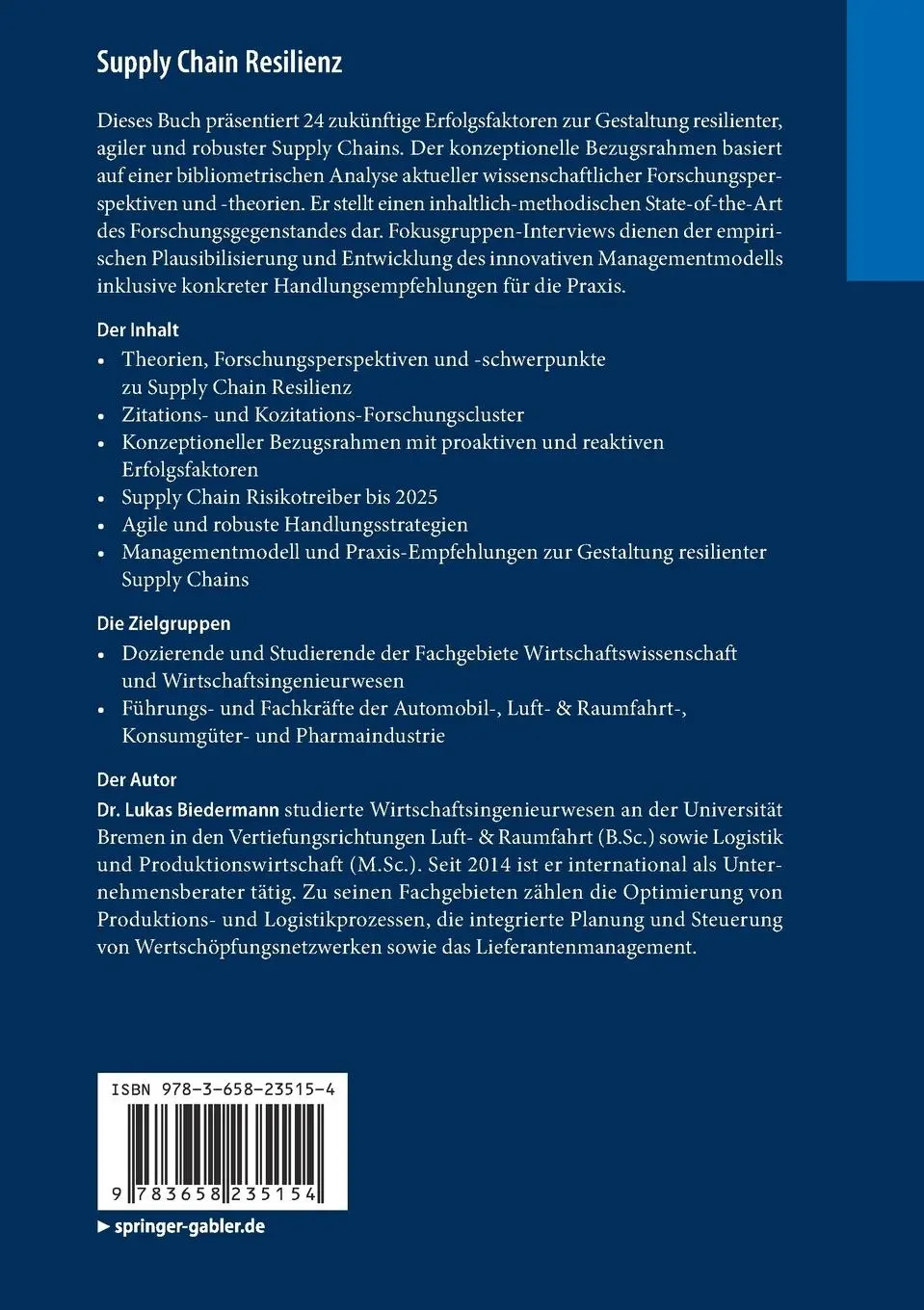 Rückseite: 9783658235154 | Supply Chain Resilienz | Lukas Biedermann | Taschenbuch | xviii | 2018