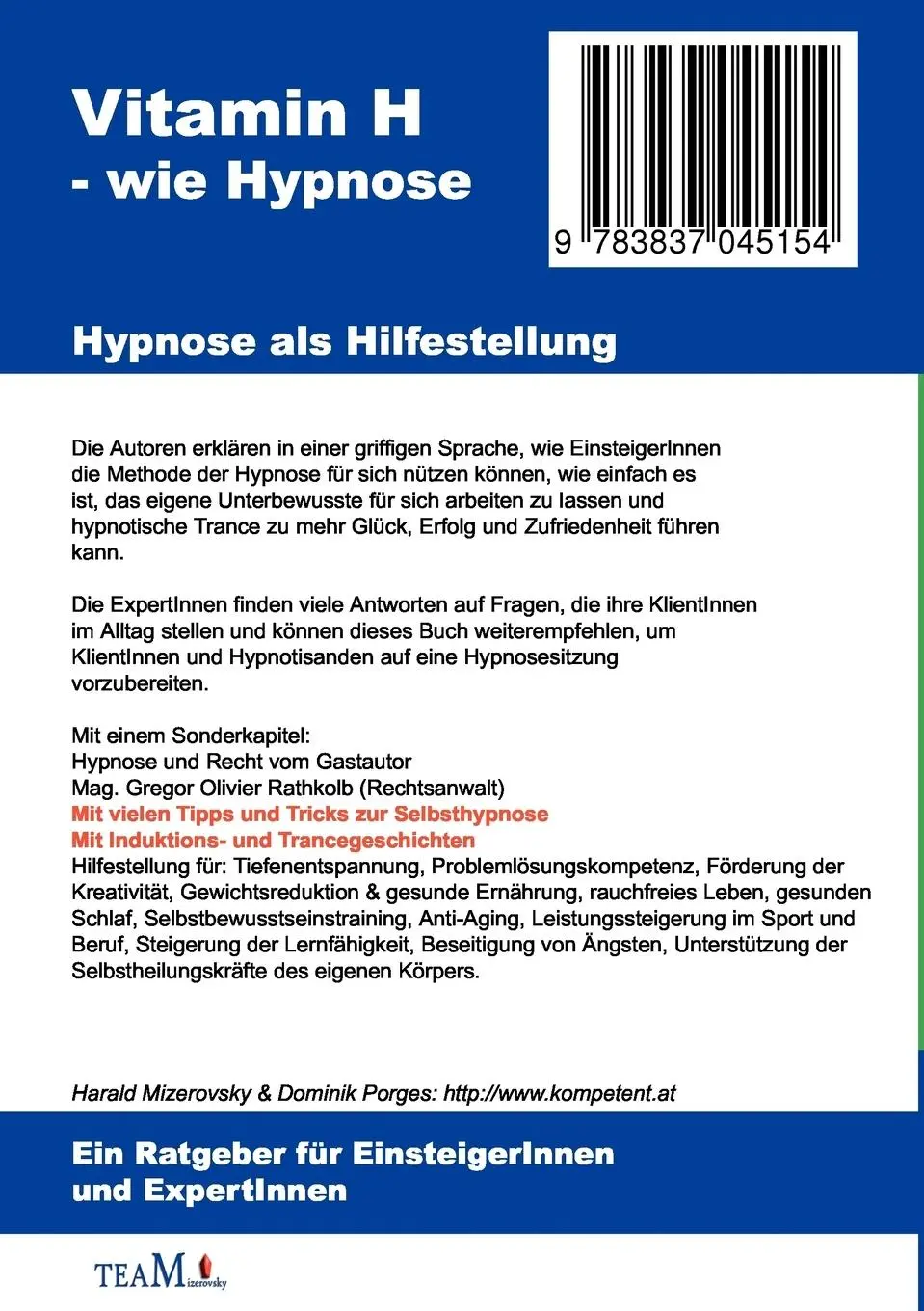 Rückseite: 9783837045154 | Vitamin H - wie Hypnose | Hypnose als Hilfestellung | Taschenbuch