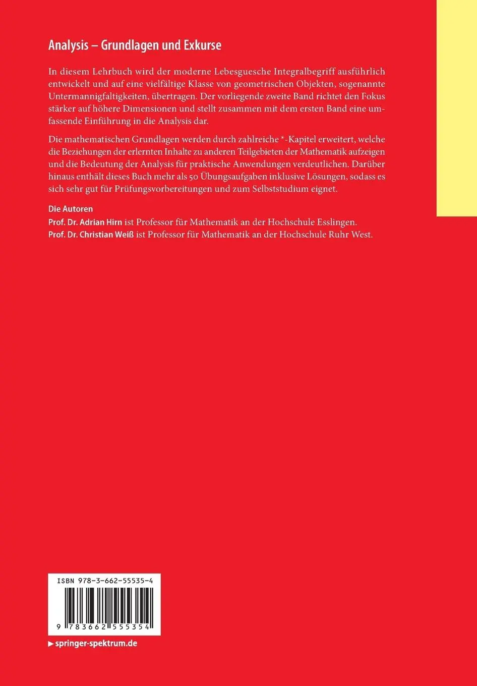 Rückseite: 9783662555354 | Analysis ¿ Grundlagen und Exkurse | Christian Weiß (u. a.) | Buch | ix