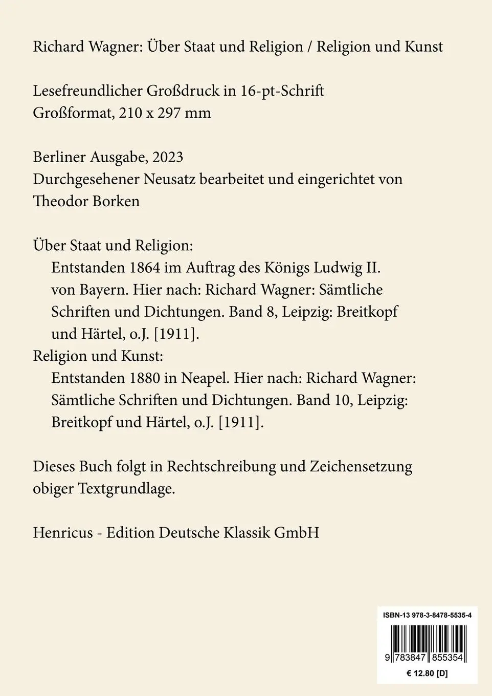 Rückseite: 9783847855354 | Über Staat und Religion / Religion und Kunst (Großdruck) | Wagner