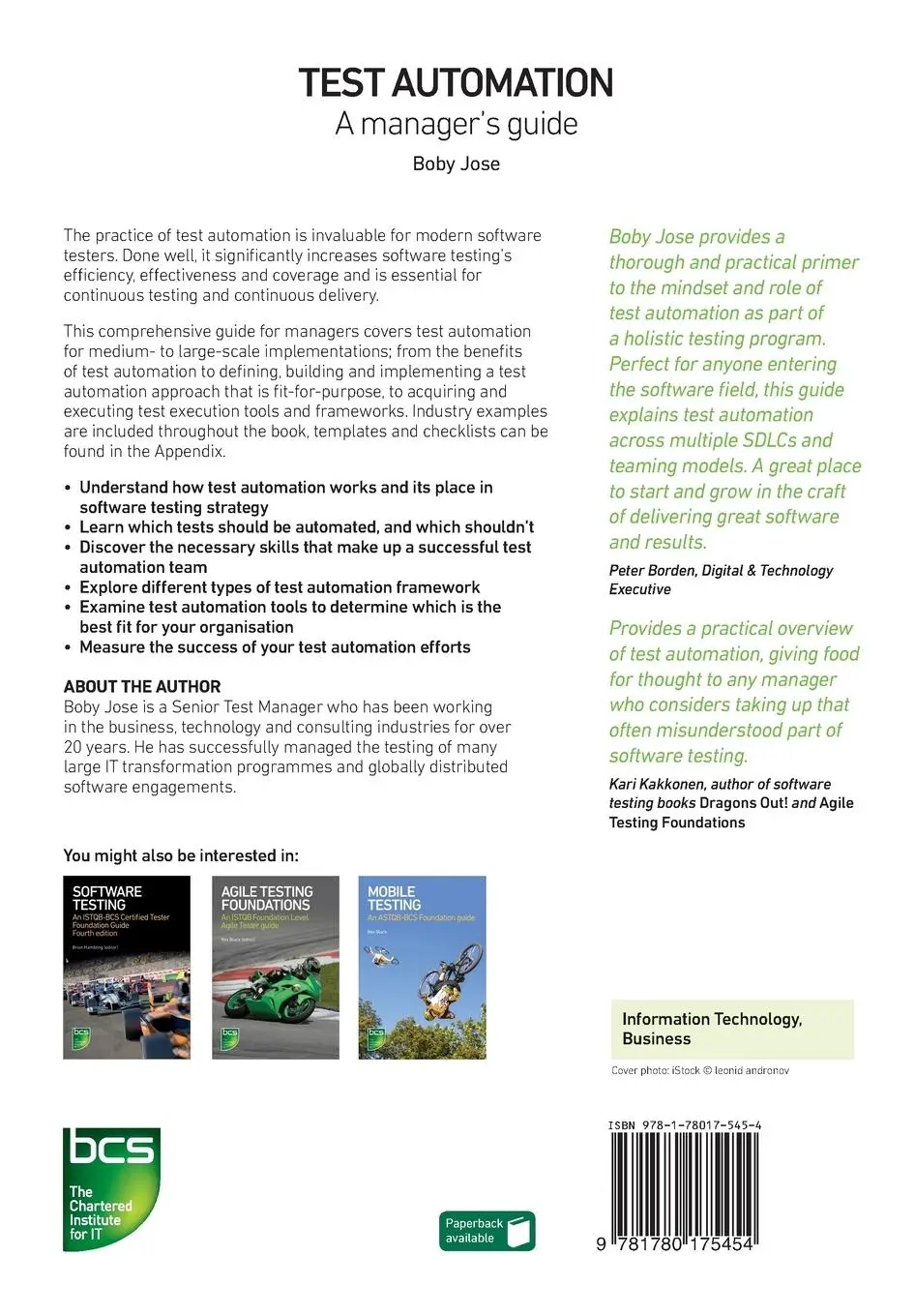 Rückseite: 9781780175454 | Test Automation | A manager's guide | Boby Jose | Taschenbuch | 2021