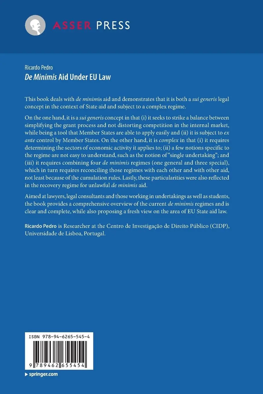 Rückseite: 9789462655454 | De Minimis Aid Under EU Law | Ricardo Pedro | Taschenbuch | xv | 2023
