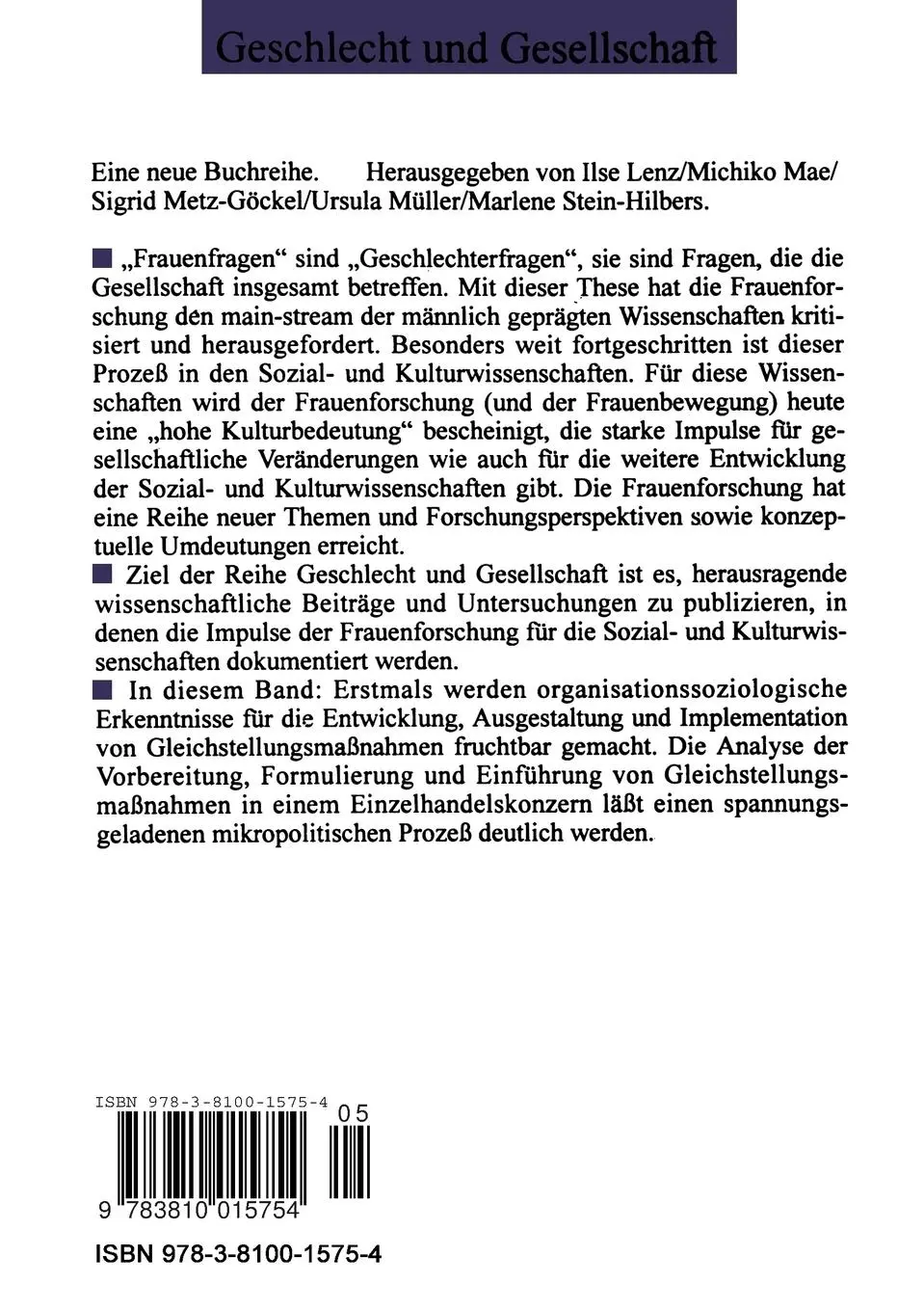Rückseite: 9783810015754 | Geschlecht und Mikropolitik | Birgit Riegraf | Taschenbuch | 253 S.