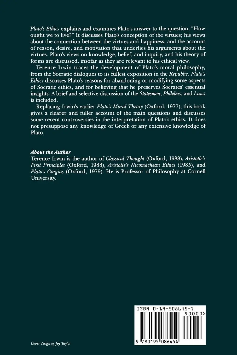 Rückseite: 9780195086454 | Plato's Ethics | Terence H. Irwin | Taschenbuch | Englisch | 1997
