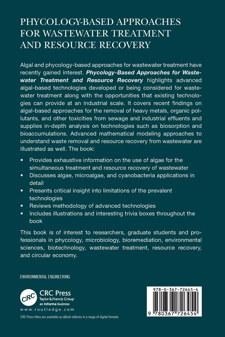 Rückseite: 9780367726454 | Phycology-Based Approaches for Wastewater Treatment and Resource...