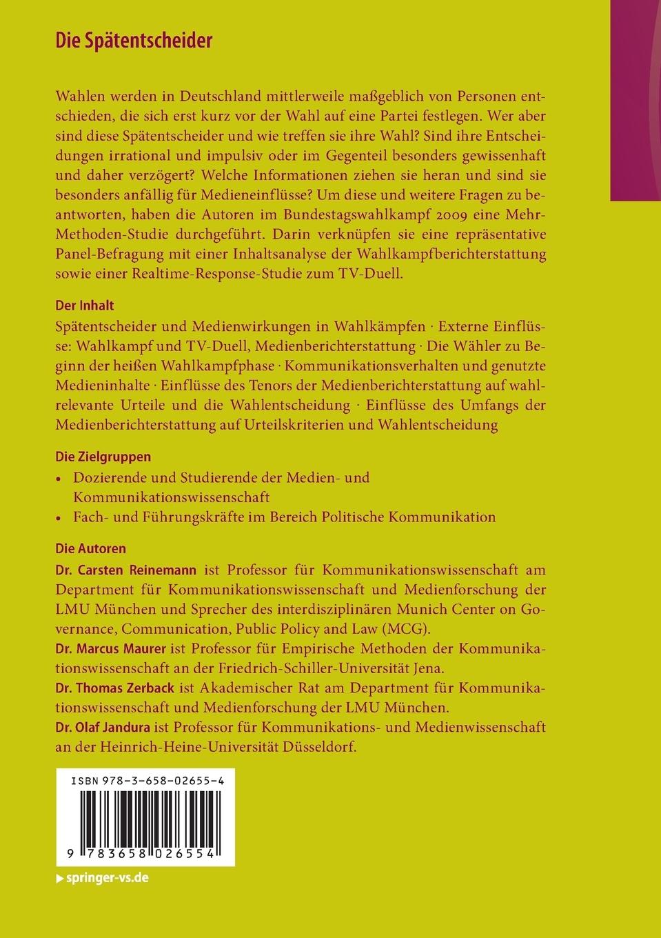 Rückseite: 9783658026554 | Die Spätentscheider | Carsten Reinemann (u. a.) | Taschenbuch | viii