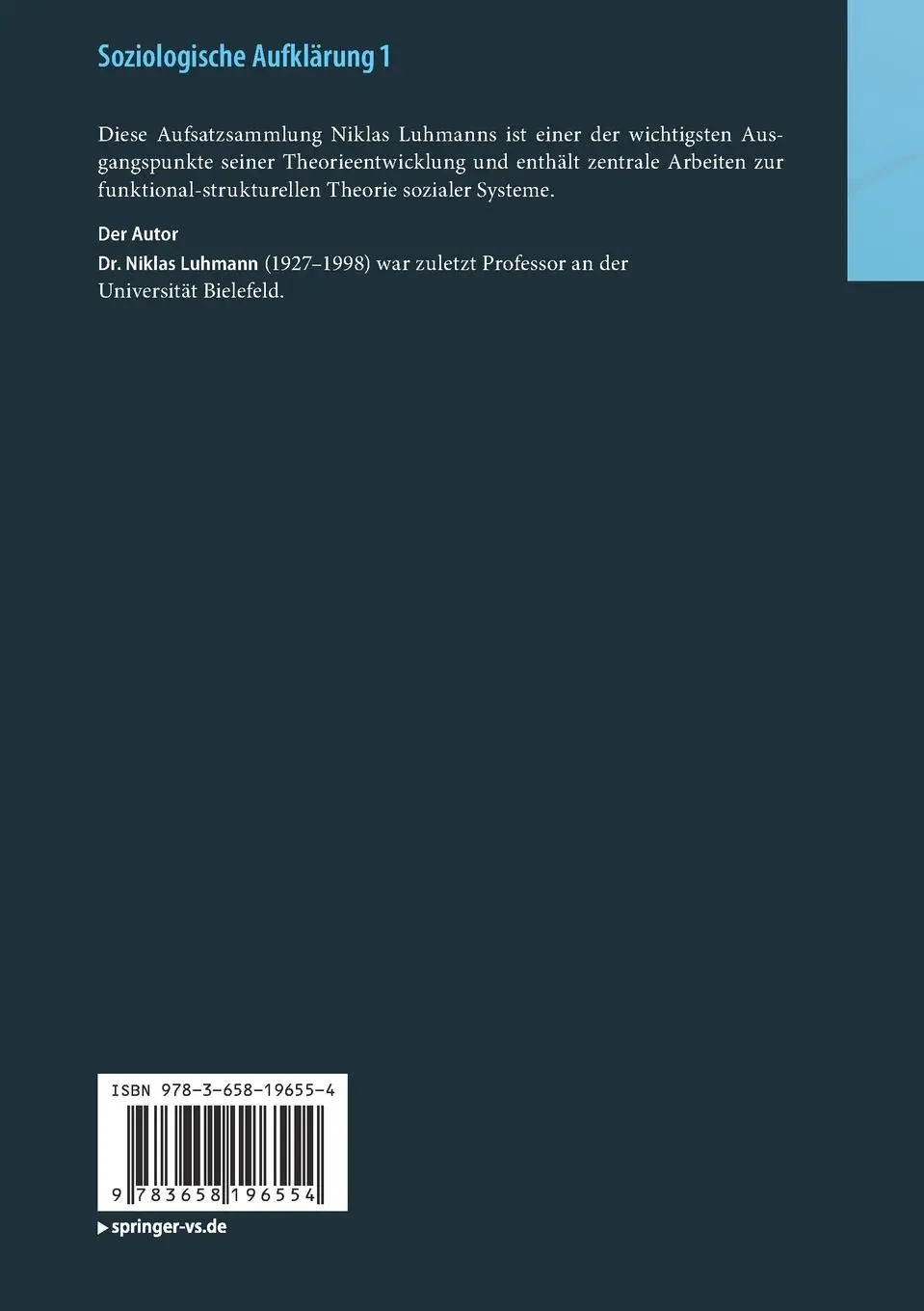 Rückseite: 9783658196554 | Soziologische Aufklärung 1 | Aufsätze zur Theorie sozialer Systeme