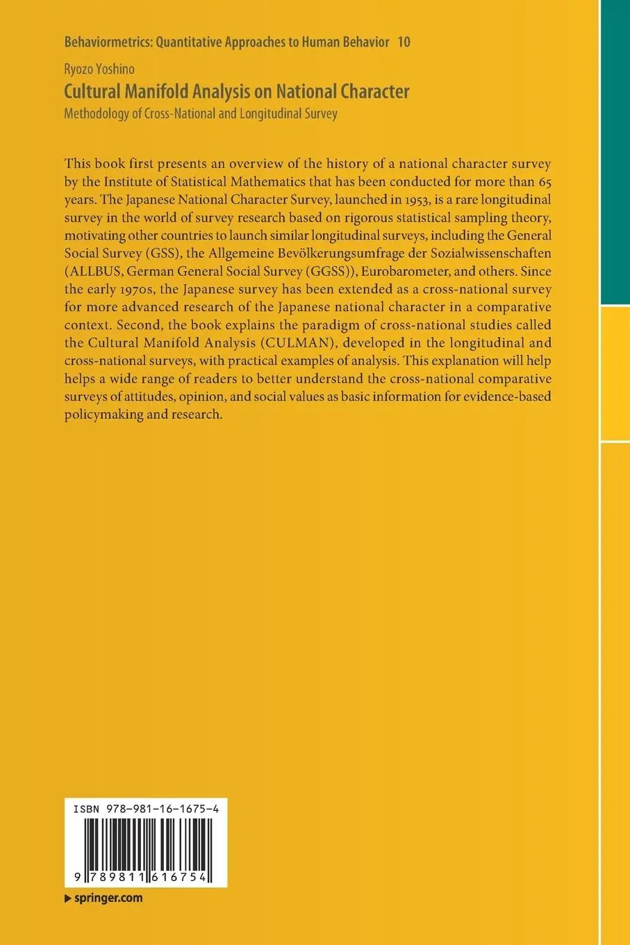 Rückseite: 9789811616754 | Cultural Manifold Analysis on National Character | Ryozo Yoshino | xv