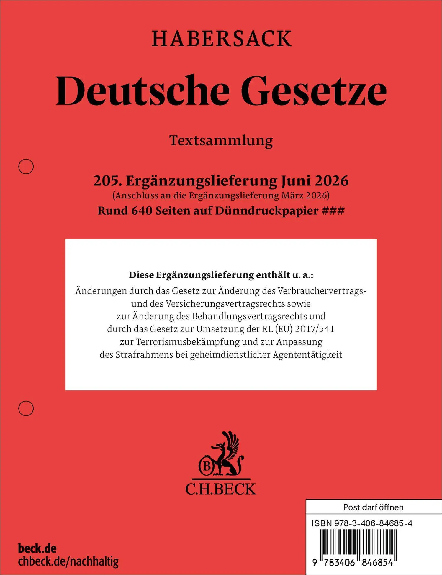 Cover: 9783406846854 | Deutsche Gesetze 205. Ergänzungslieferung | Rechtsstand: 10. Juni 2026