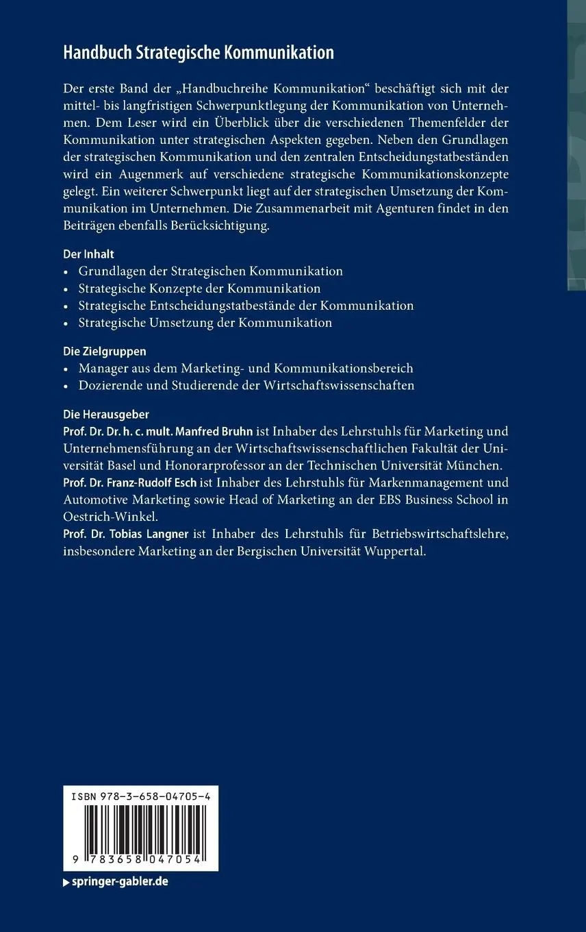 Rückseite: 9783658047054 | Handbuch Strategische Kommunikation | Manfred Bruhn (u. a.) | Buch