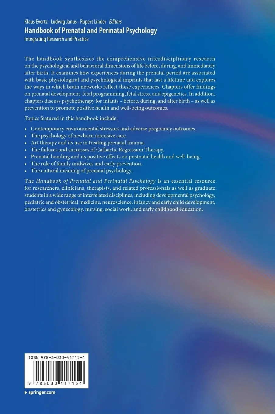 Rückseite: 9783030417154 | Handbook of Prenatal and Perinatal Psychology | Klaus Evertz (u. a.)