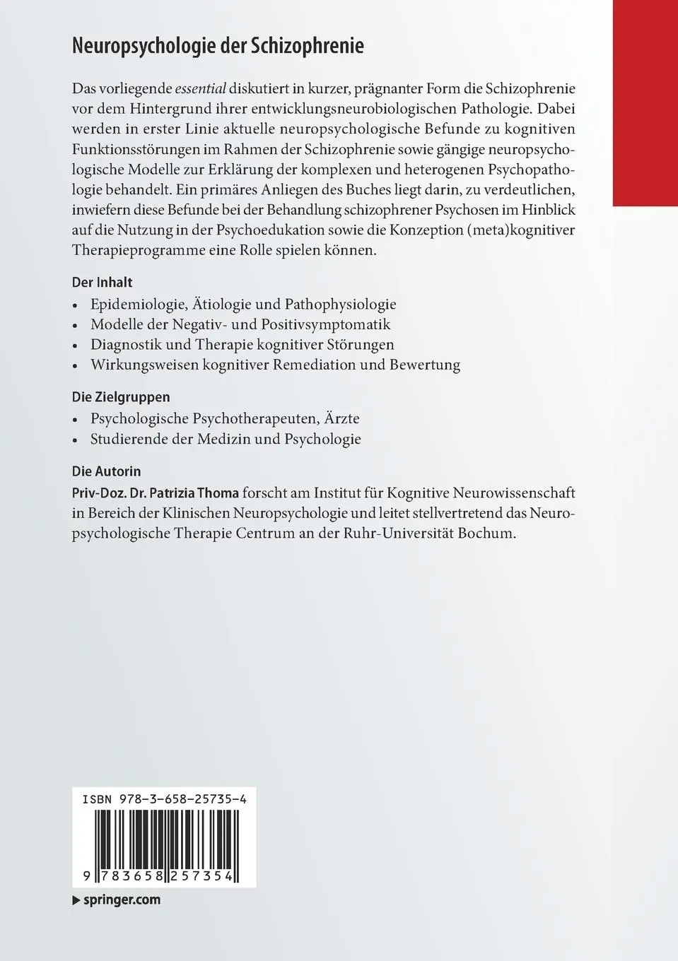 Rückseite: 9783658257354 | Neuropsychologie der Schizophrenie | Patrizia Thoma | Taschenbuch