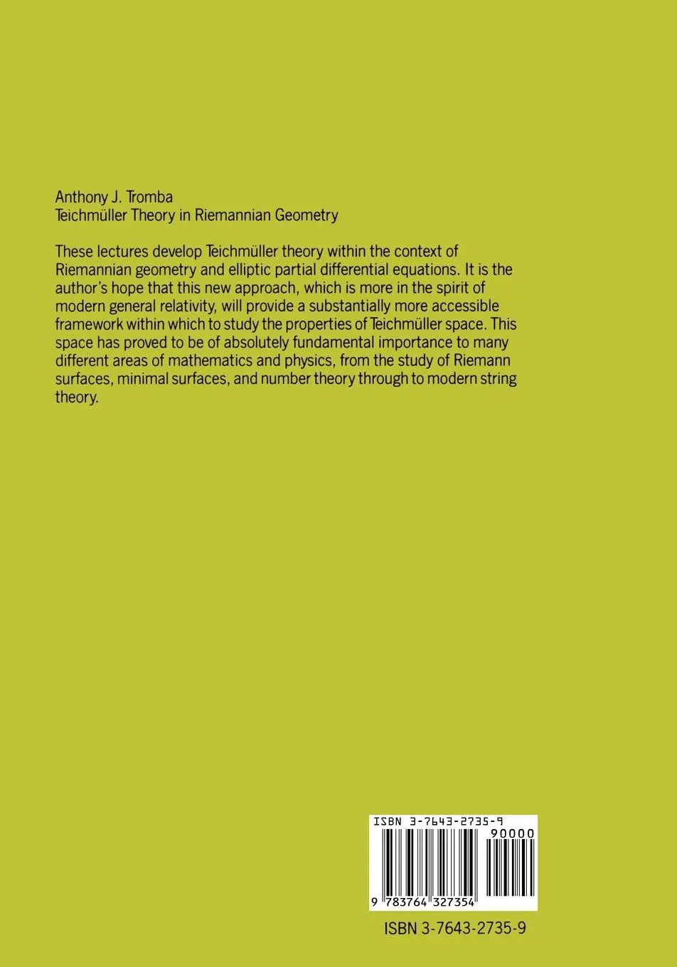 Rückseite: 9783764327354 | Teichmüller Theory in Riemannian Geometry | Anthony Tromba | Buch | iv