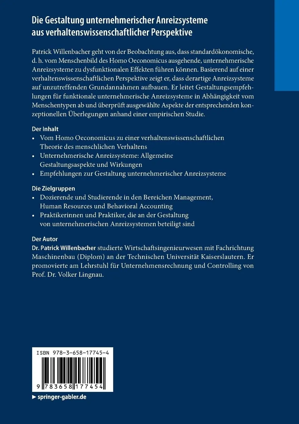 Rückseite: 9783658177454 | Die Gestaltung unternehmerischer Anreizsysteme aus...
