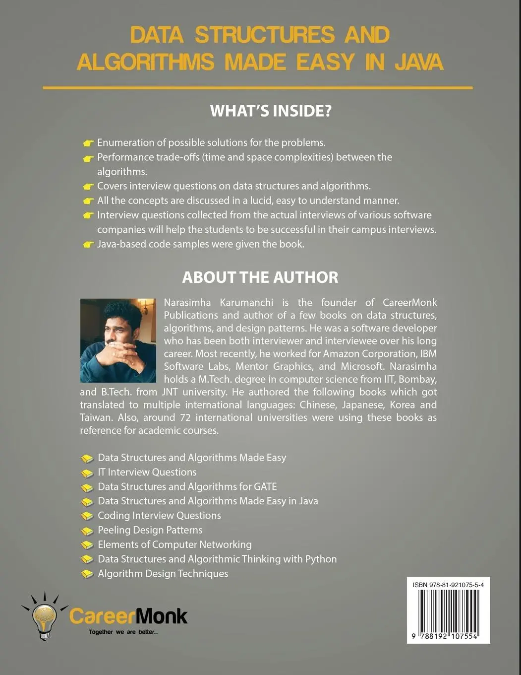 Rückseite: 9788192107554 | Data Structures and Algorithms Made Easy in Java | Karumanchi | Buch