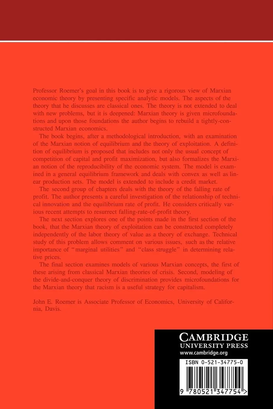 Rückseite: 9780521347754 | Analytical Foundations of Marxian Economic Theory | John E. Roemer