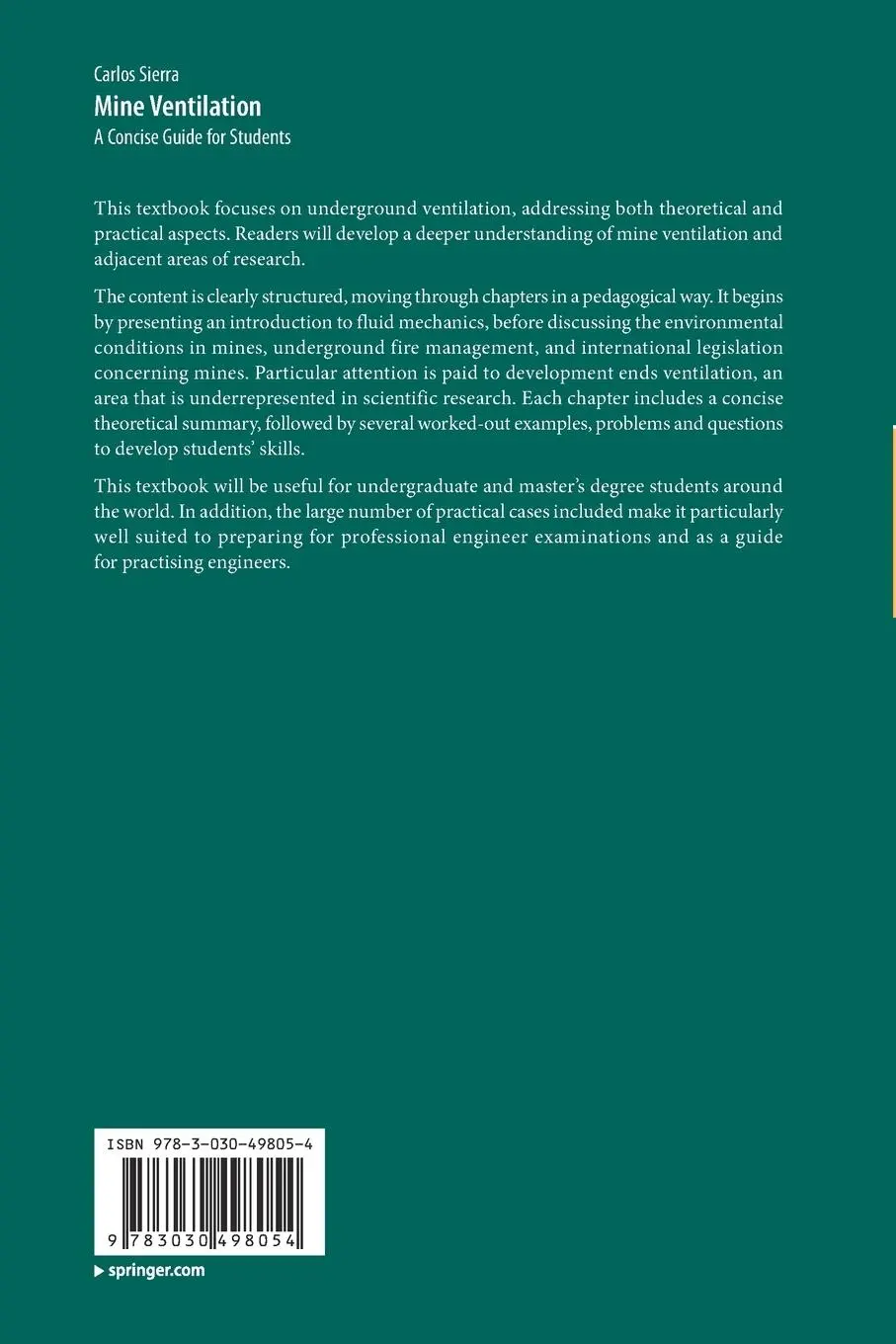 Rückseite: 9783030498054 | Mine Ventilation | A Concise Guide for Students | Carlos Sierra | Buch